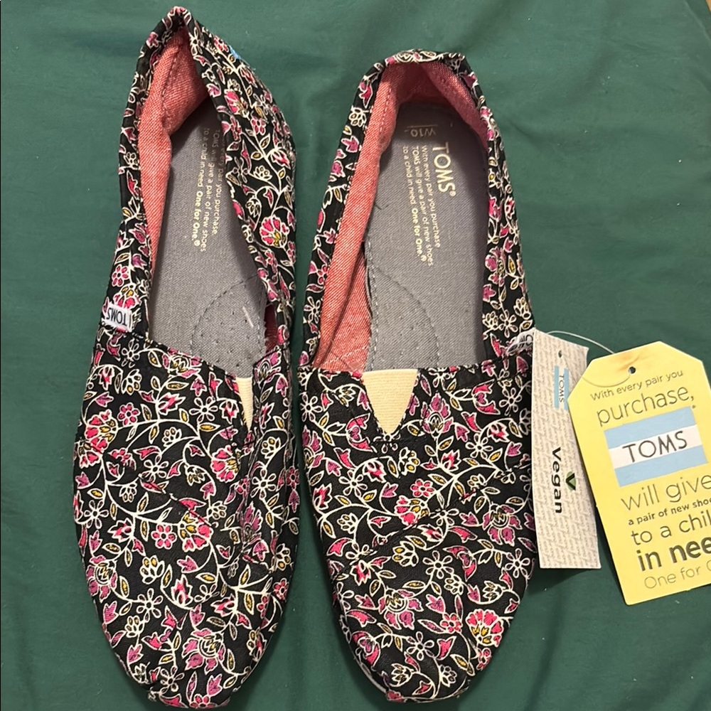 Toms Black and Pink Floral Flats